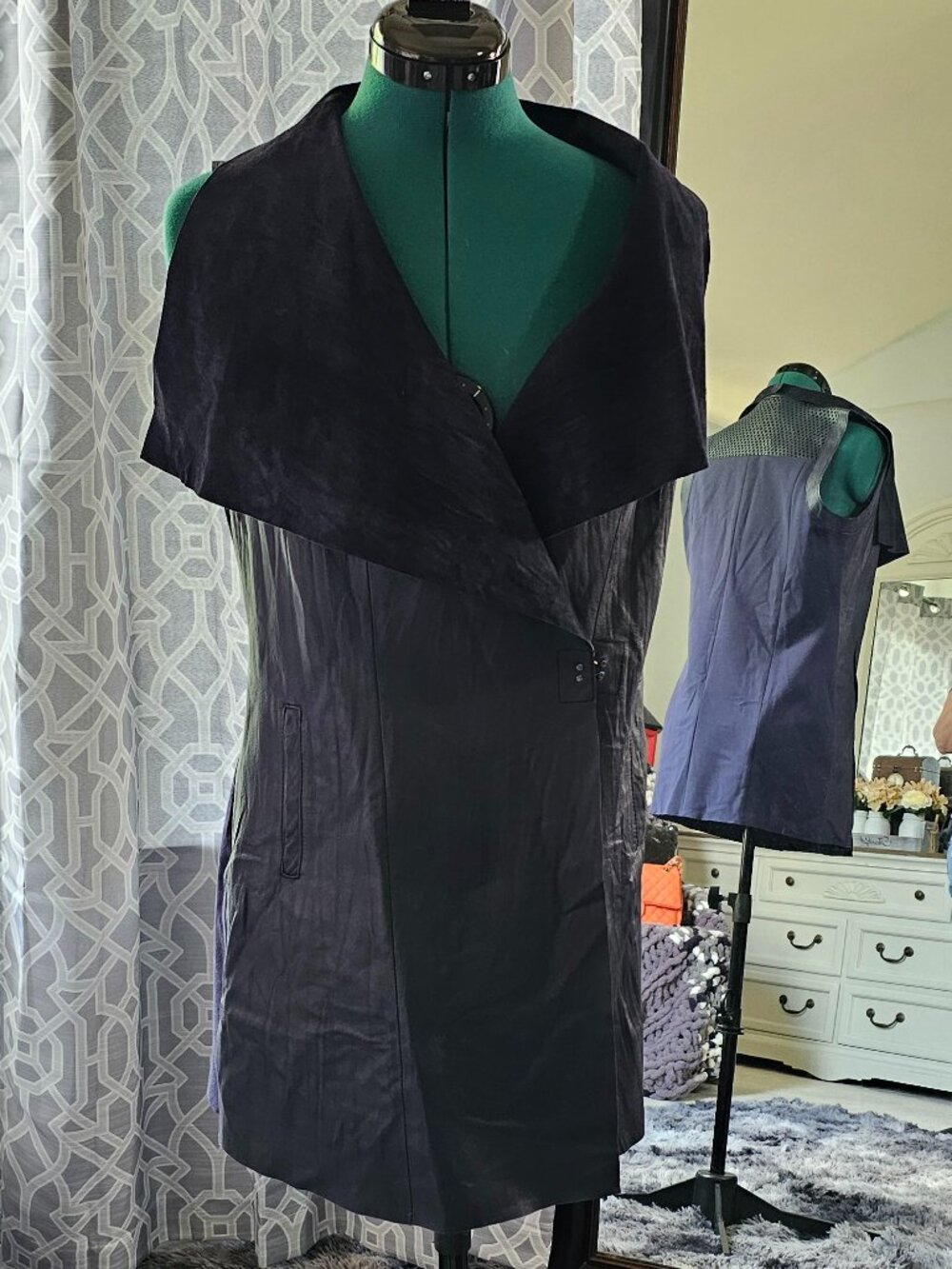 My Tribe Genuine Leather Mixed‑Media Long Vest – Draped Shawl Collar – Size L
